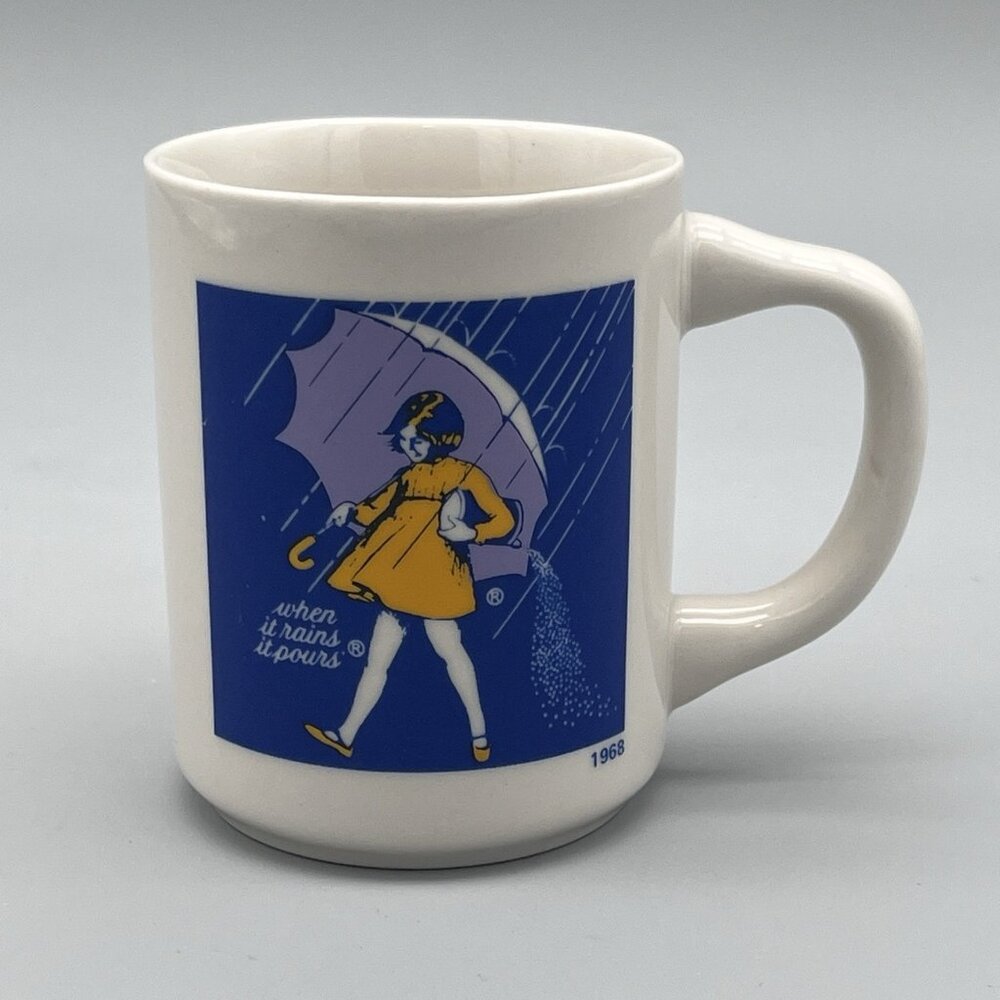 Morton Salt 1968 Logo 3.75" Coffee Mug When It Rains It Pours Slogan Japan